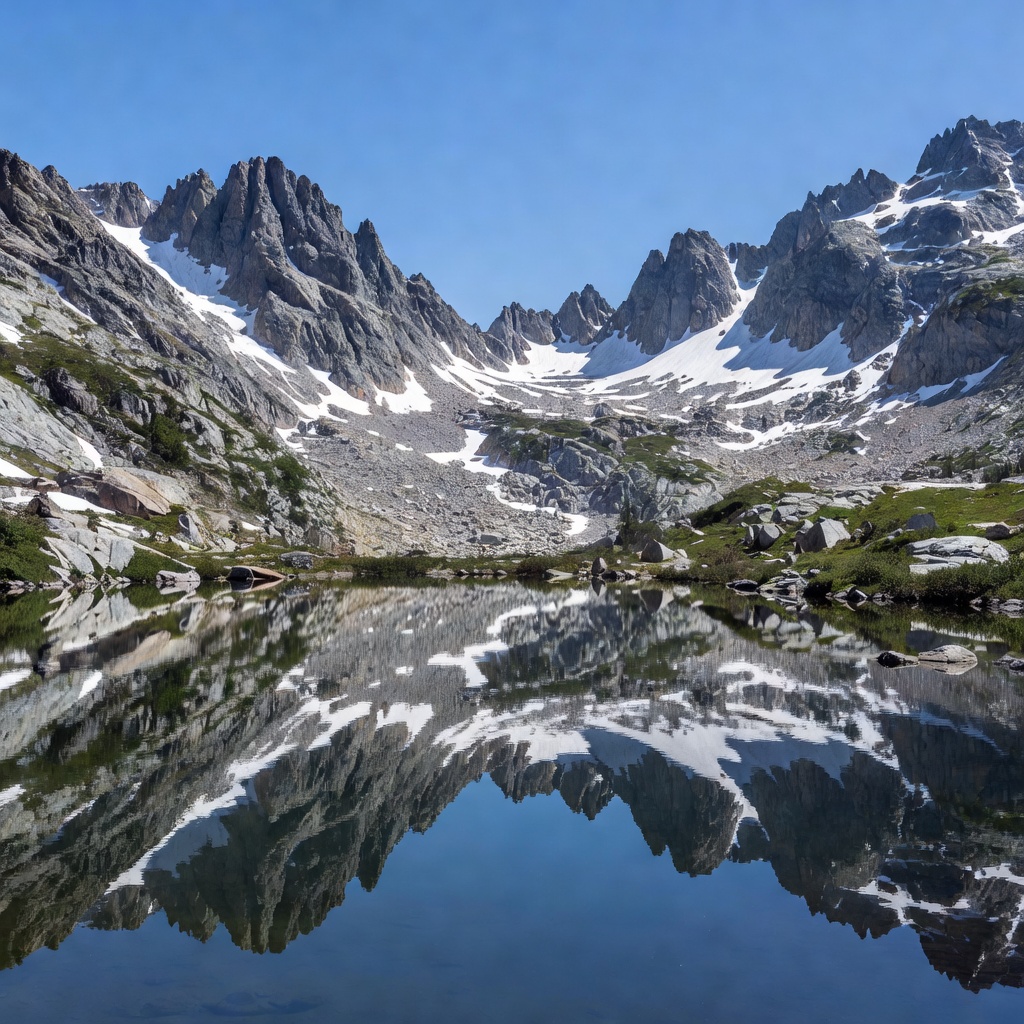 Alpine lake reflection amidst towering ridgelines