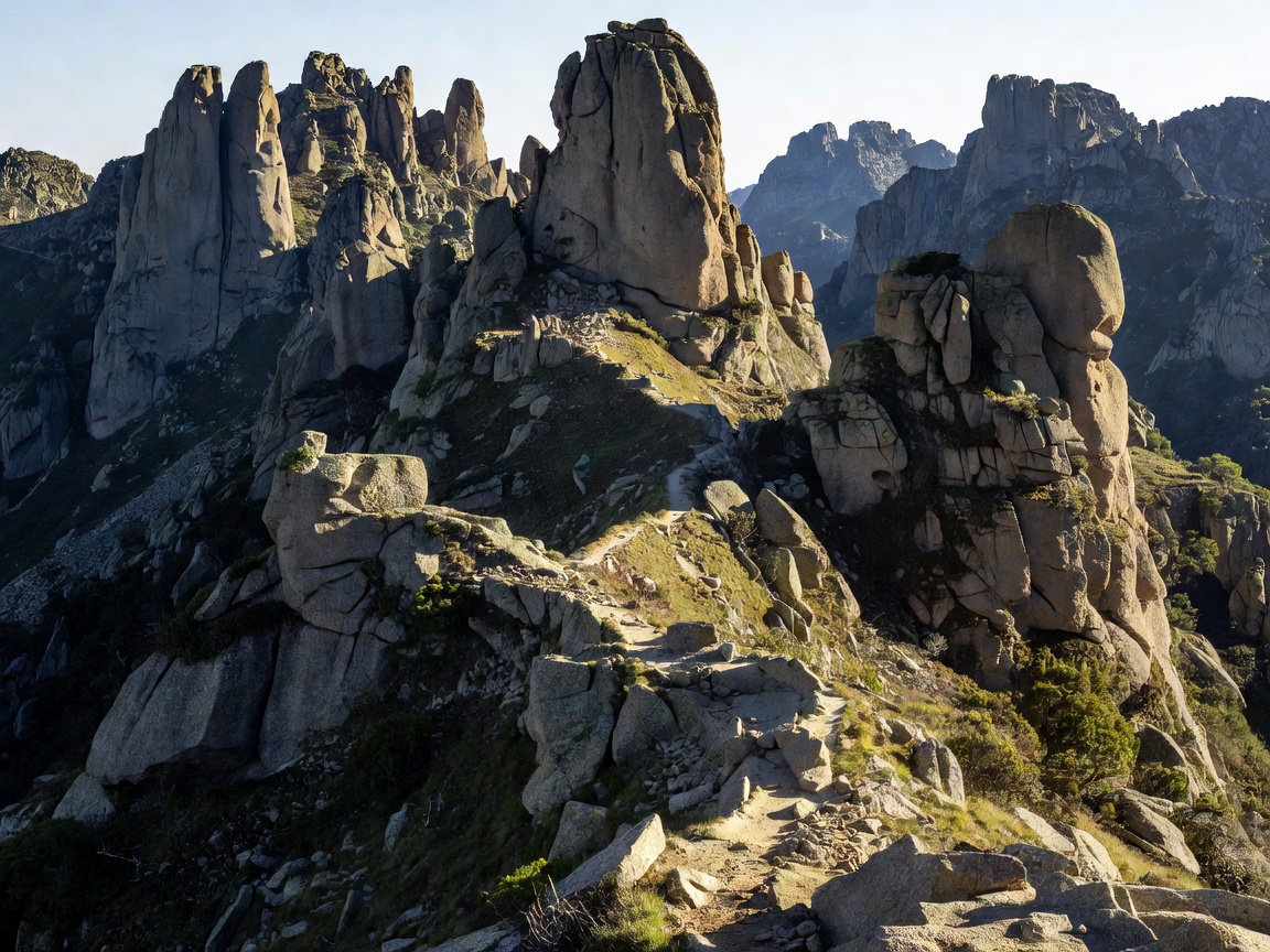 Rugged rocky peaks and granite slabs along the GR20 trail in Corsica