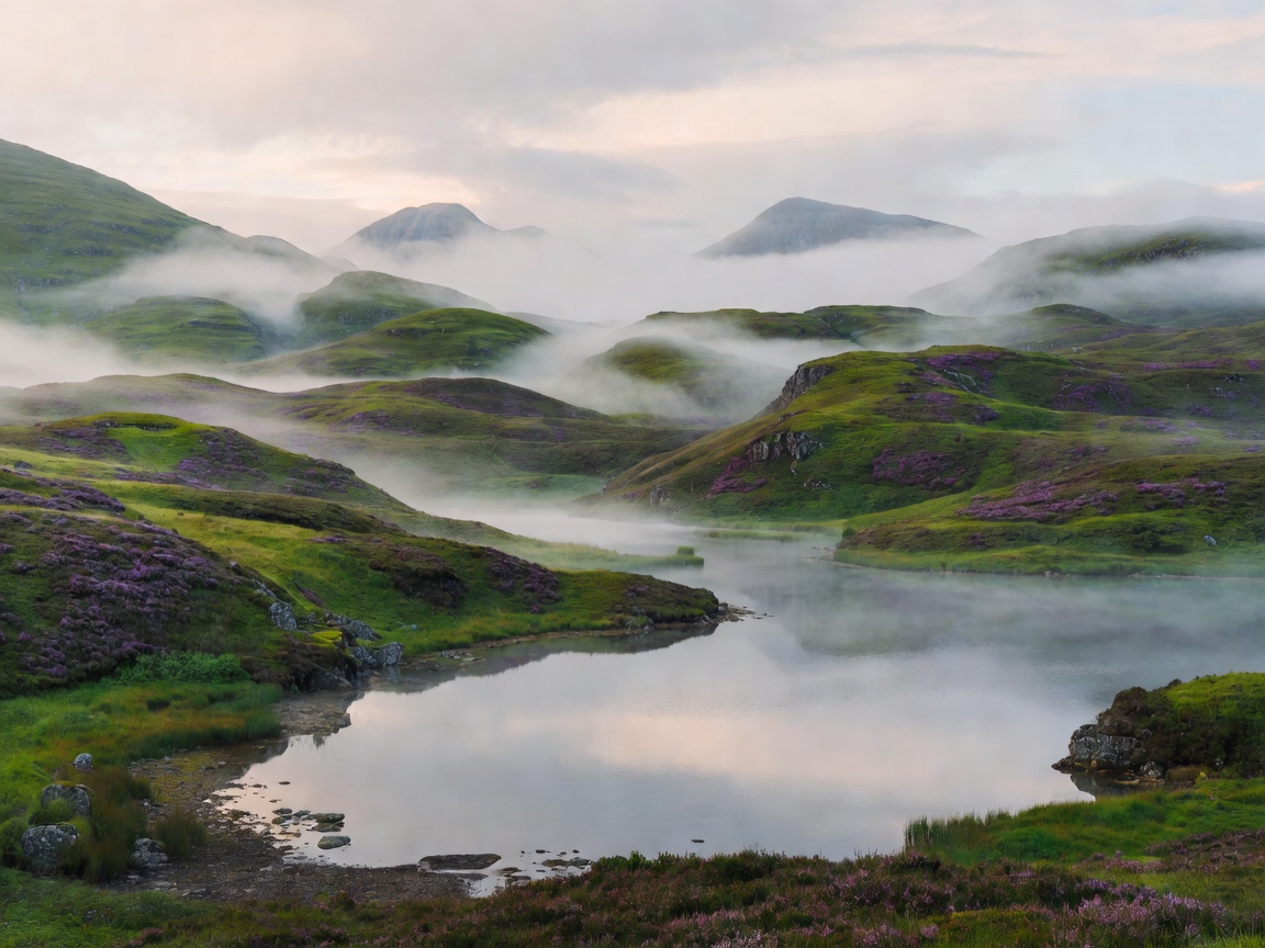 Lush rolling green hills, loch banks and mountain trails in the Scottish Highlands