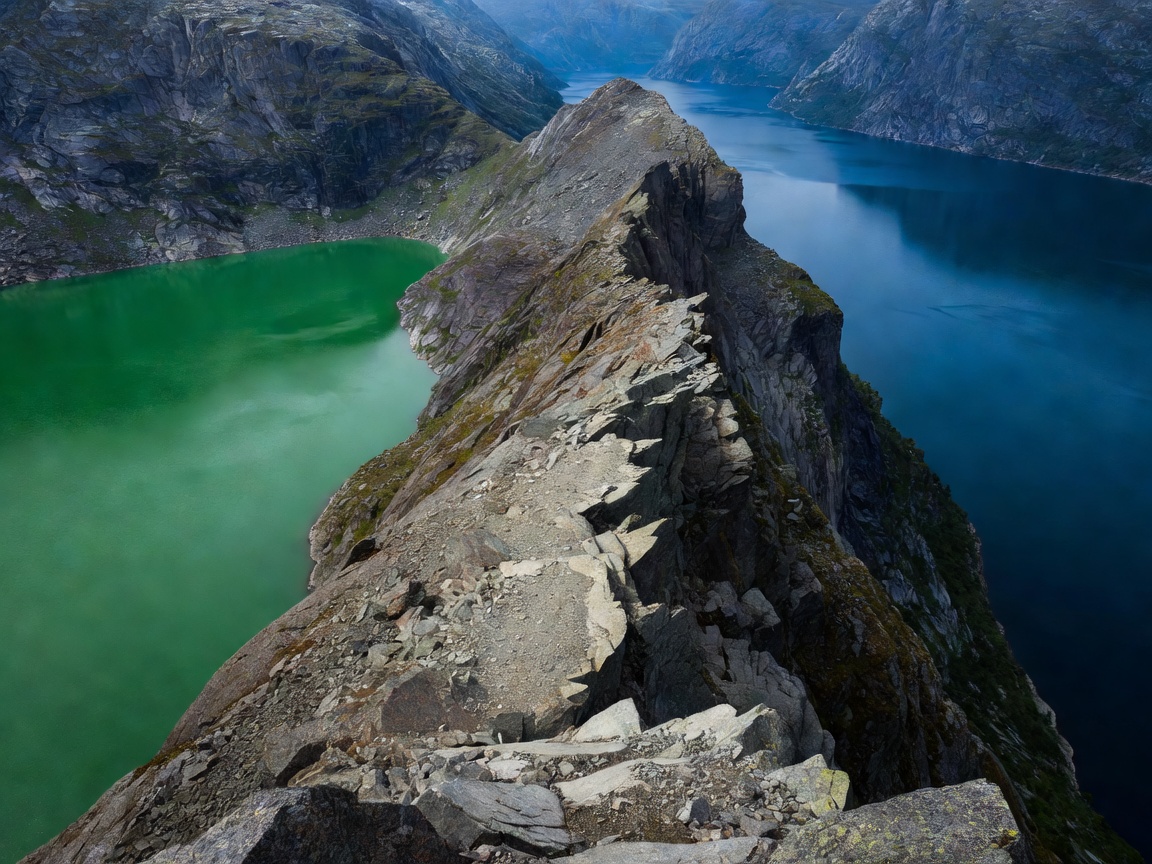 High sharp mountain ridge overlooking deep turquoise fjord water in Norway
