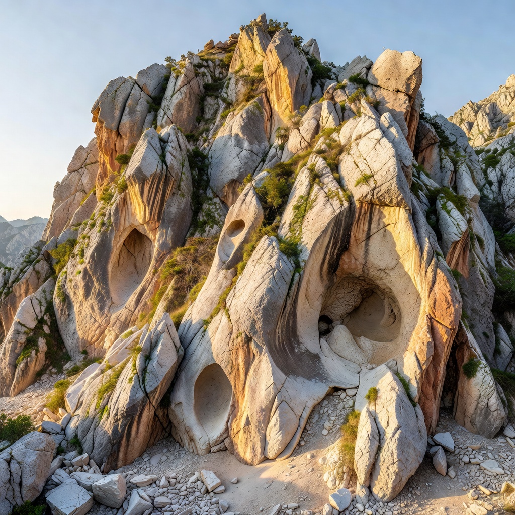 Rugged limestone cliff face illuminated by morning sun