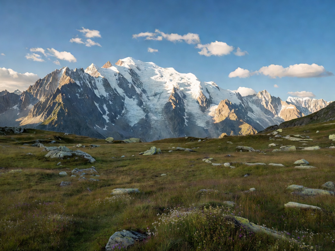 Scenic alpine glacier in Mont Blanc range with flowering meadow