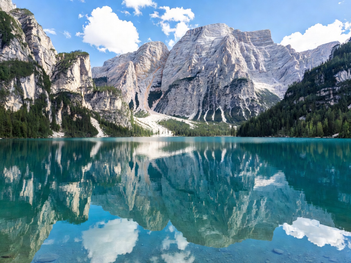 Towering vertical limestone dolomite needles reflected in turquoise mountain waters